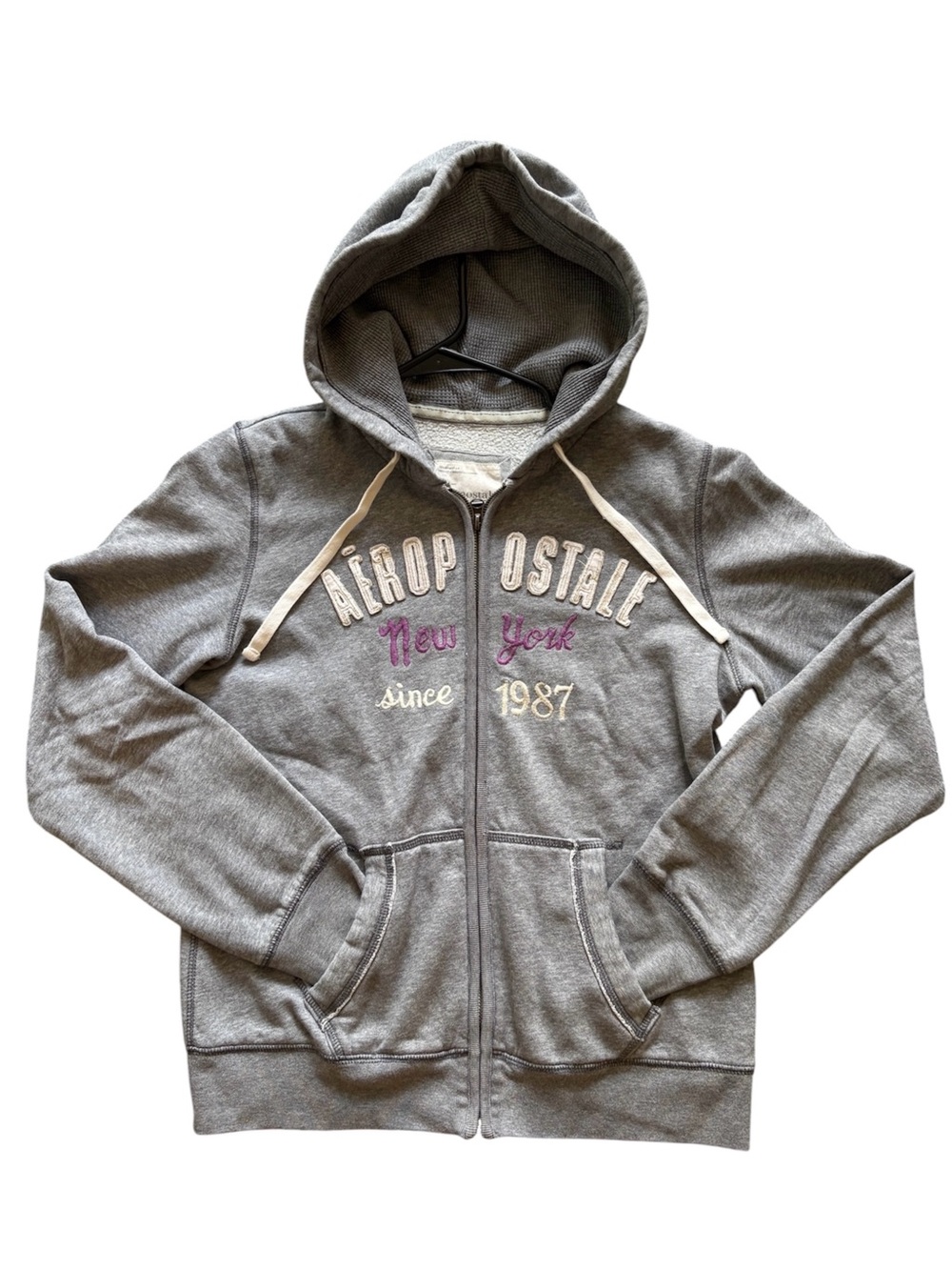 Vintage Aeropostale Y2K 2010 Gray Zip-Up Hoodie Size L New York 1987 Graphic